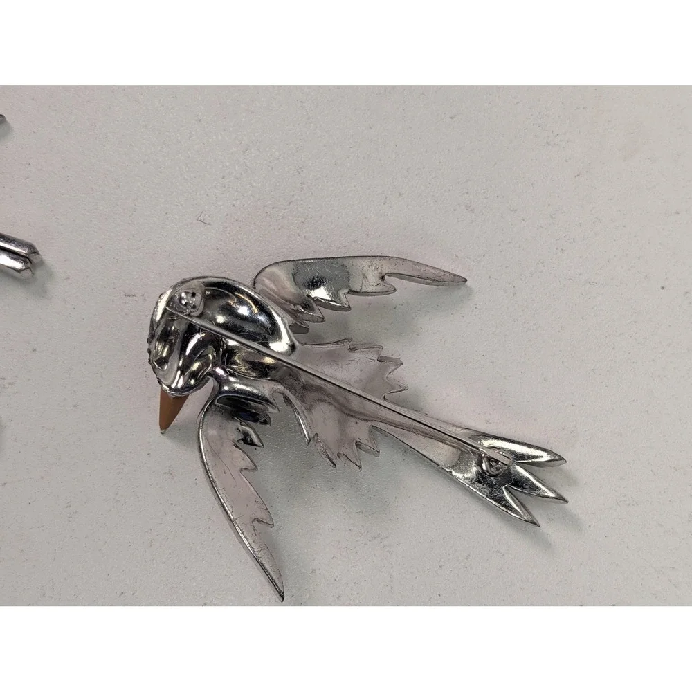 Bird Swallow Brooch Set Silver Tone White Rhinestone Figural 3 Piece Pin Sparkle